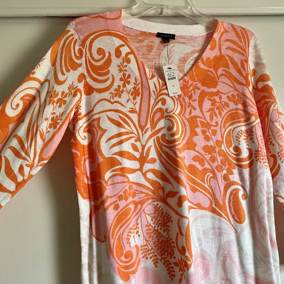 NWT Talbots Pink/Orange Paisley V Neck  3/4 Sleeve Pullover Cotton Sweater Top S - Picture 5 of 8